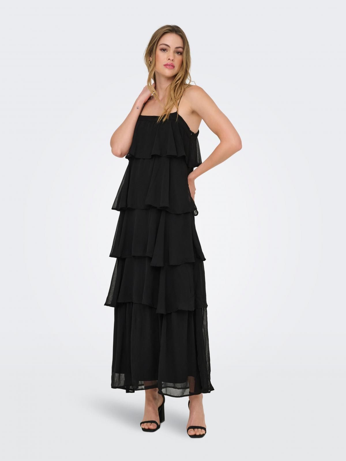 온리 프릴 레이어드 스트랩 롱 원피스 15349477_2161 BLACK / BLACK - 상세 이미지 5