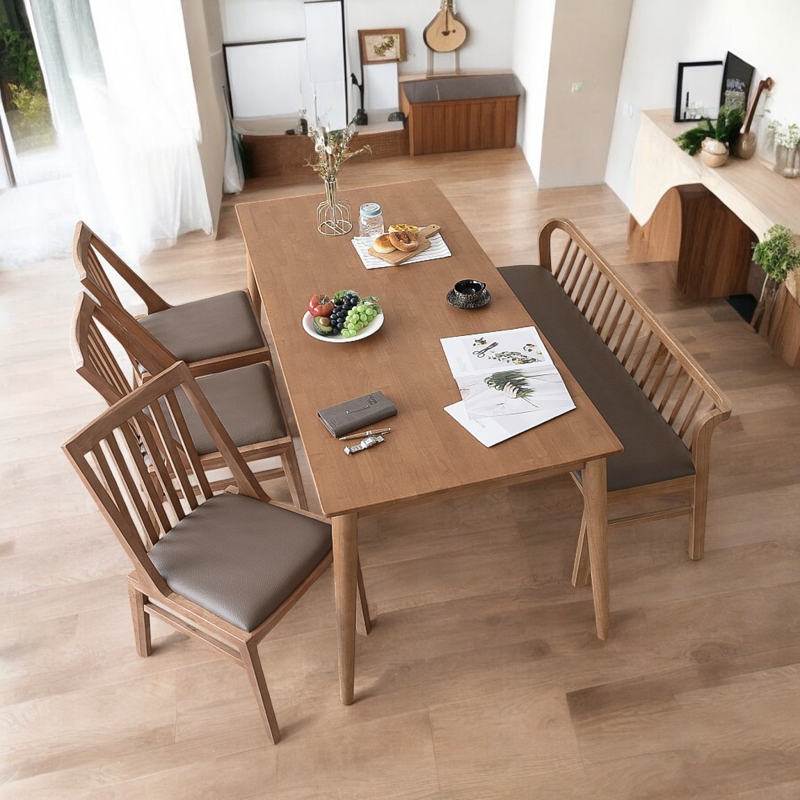 이즈네이처 라벤더프리지 원목 6인용식탁 세트 식탁+의자3+등받이 3인벤치1, 1800mm, 라이트브라운