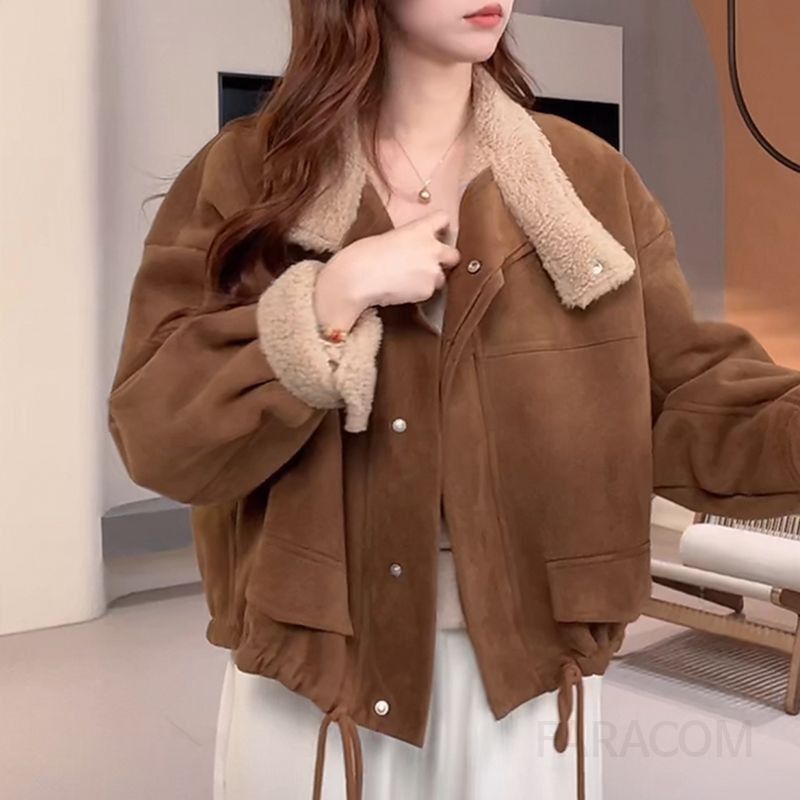 여성 덤블 퍼 카라 무스탕 스웨이드 항공 점퍼 루즈핏 도톰한 겨울 양털 안감 자켓 데일리 아우터 가을 - 상세 이미지 2