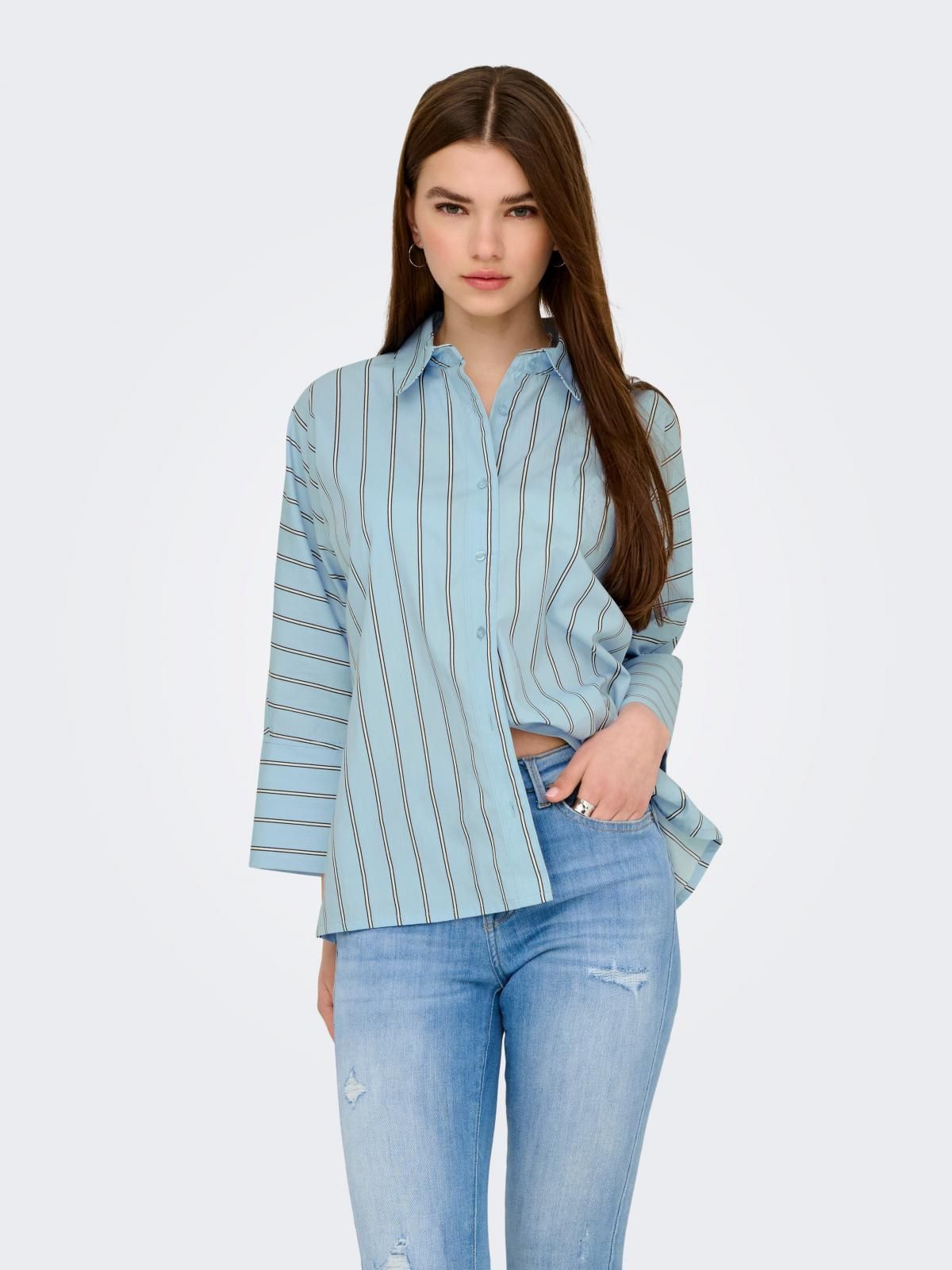 온리 스트라이프 오버핏 코튼 긴팔 셔츠 15363650_1243_1236110 BLUE / CASHMERE BLUE - 상세 이미지 2