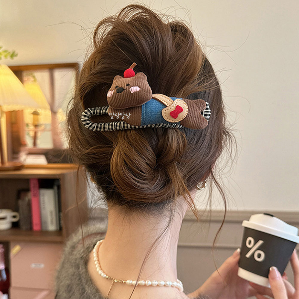 강아지 인형 체크 악어삔 귀여운 올림머리집게핀 - 상품 이미지