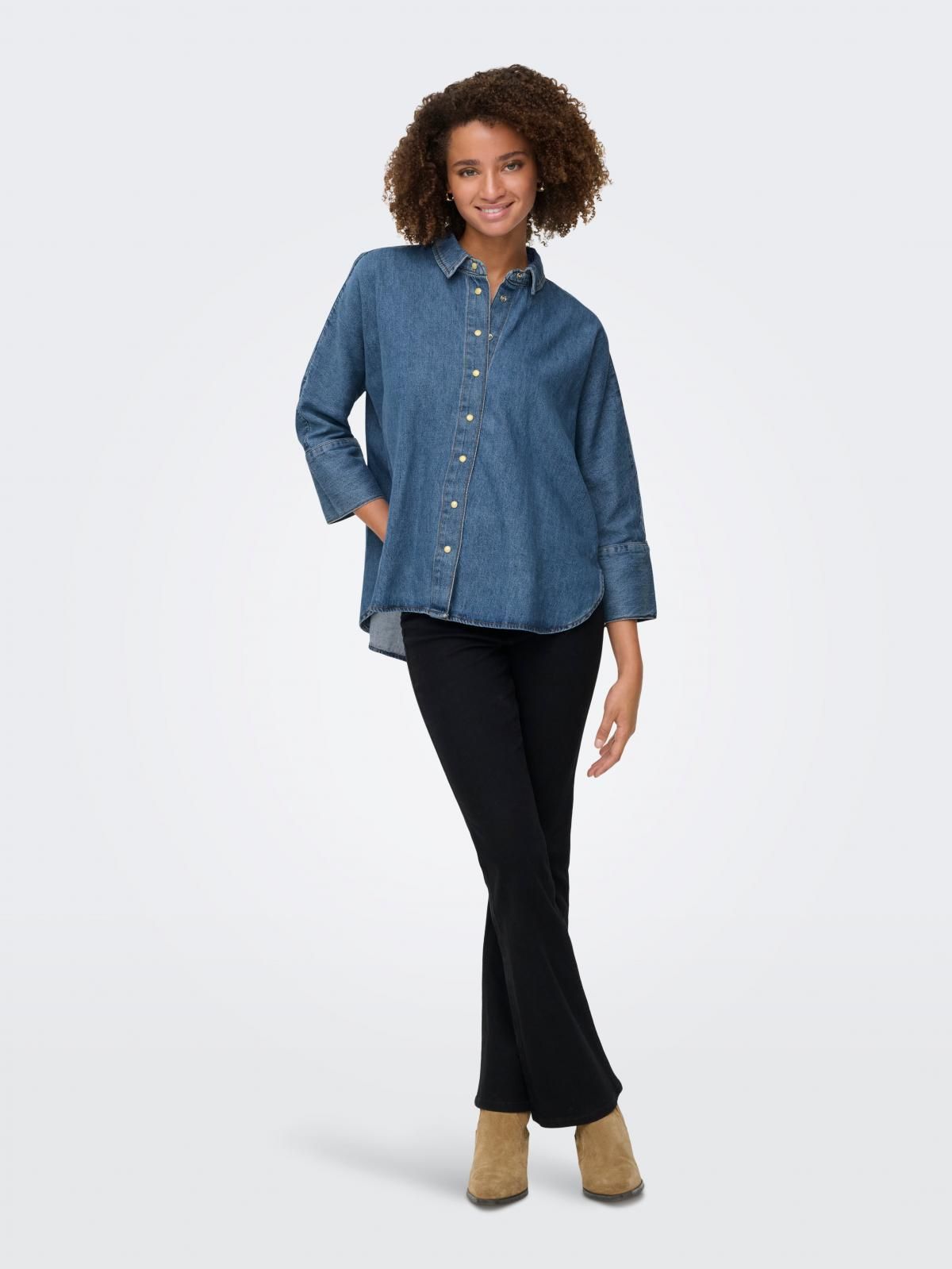 온리 테크니컬 데님 7부소매 셔츠 15335590_2115 BLUE / MEDIUM BLUE DENIM - 상세 이미지 5