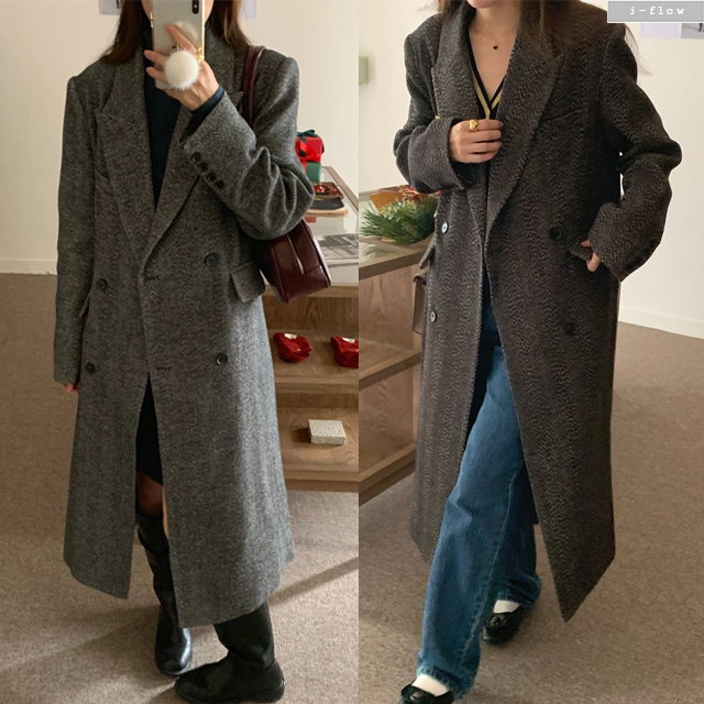 포더 헤링본 오버핏 카라넥 맥시 울 롱 코트 2col 겨울 봄 박시 패드 더블 제이플로우 - 상품 이미지