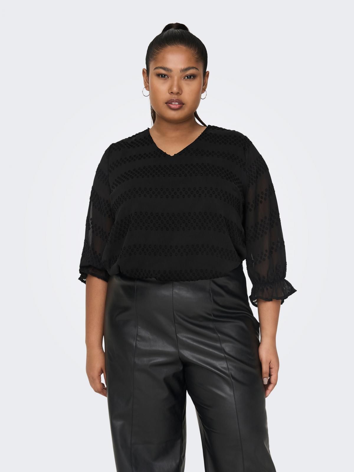 온리 브이넥 레귤러핏 7부 소매 블라우스 15257470_2161 BLACK / BLACK - 메인 이미지