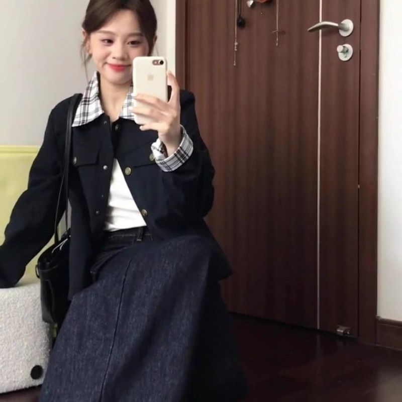 여성 가을 간절기 데일리 오피스룩 캐주얼 무드 체크 배색 카라 버튼업 루즈핏 오버핏 재킷 아우터 점퍼 - 상세 이미지 2