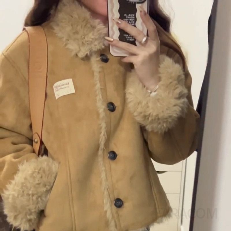여성 겨울 퍼안감 스웨이드 숏 자켓 양털 무스탕 점퍼 데일리 아우터 캐주얼 루즈핏 코디 따뜻한 보온 - 상세 이미지 2