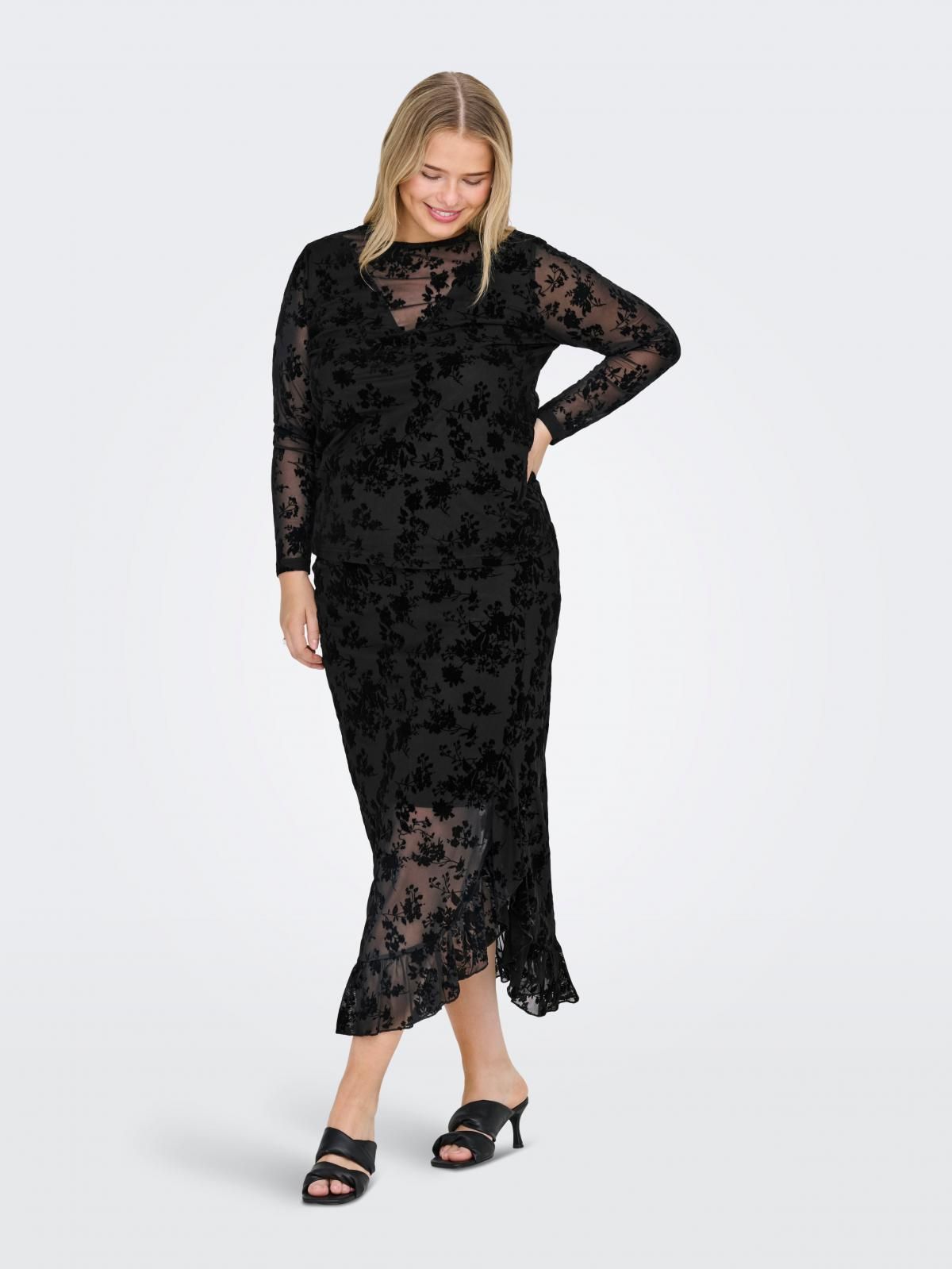 온리 시스루 메쉬 자카드 미디 스커트 15363797_2161 BLACK / BLACK - 상세 이미지 5