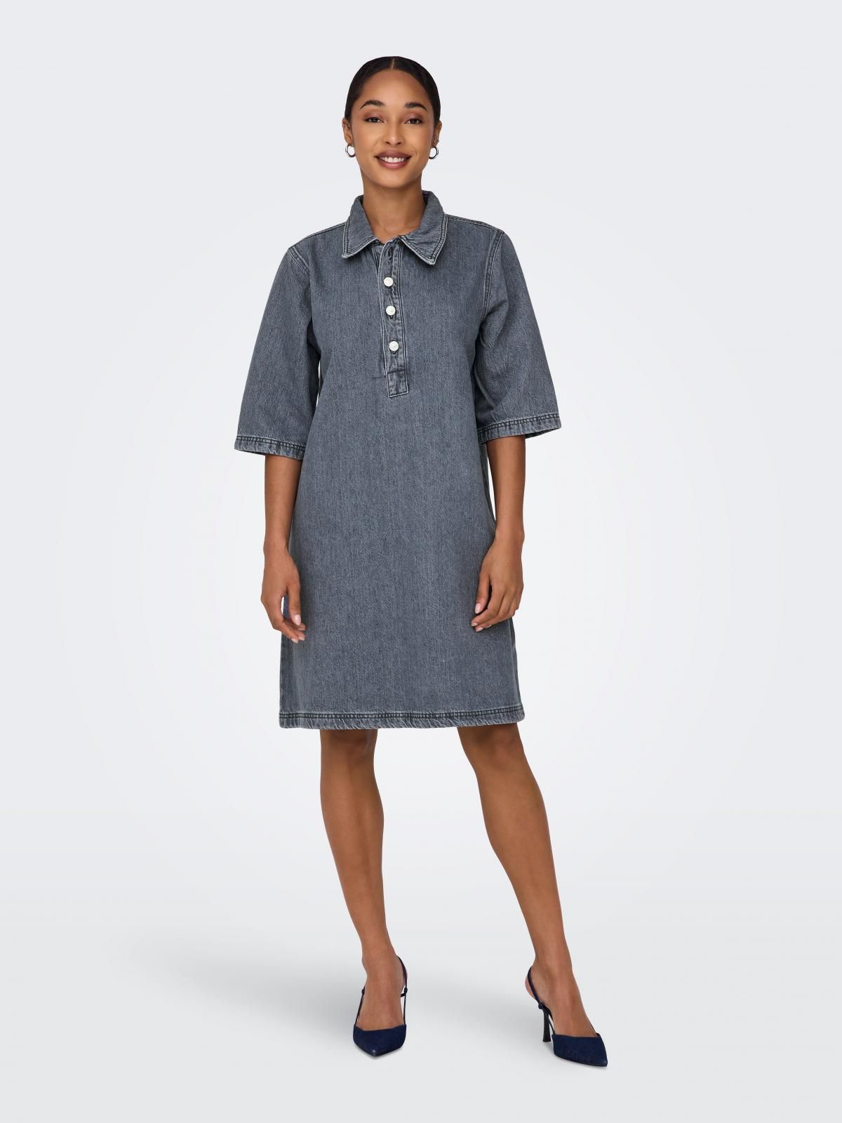 온리 데님 카라 반팔 버튼업 미니 원피스 15335635_3601 GREY / GREY DENIM - 상세 이미지 5