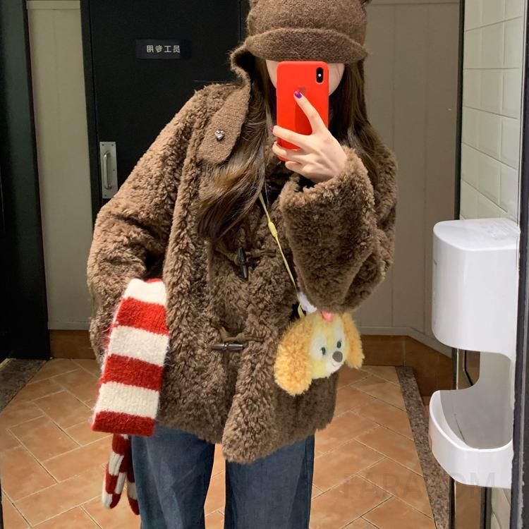 여성 겨울 뽀글이 덤블 양털 점퍼 아우터 코트 브라운 숏자켓 캐주얼 데일리룩 따뜻한 보온성 - 상품 이미지