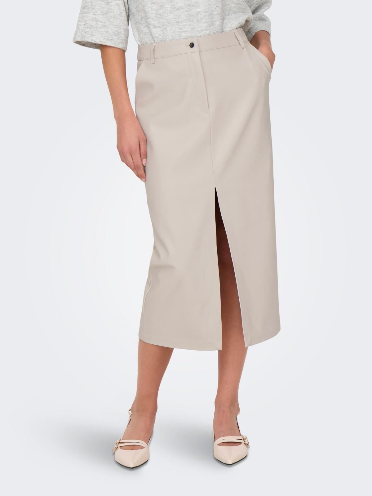 온리 페이크 레더 미디 베이지 슬릿 스커트 15322539_115 BEIGE / PUMICE STONE - 상품 이미지