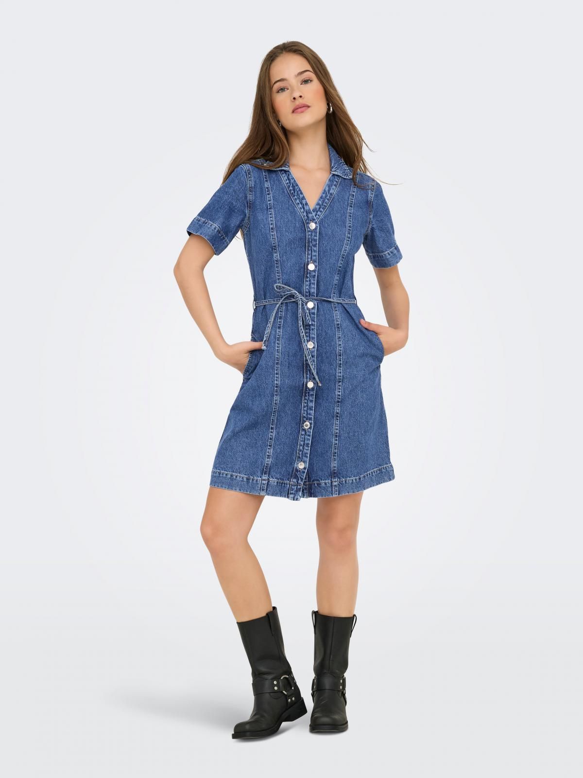 온리 데님 V넥 벨트 미니 원피스 15361517_2115 BLUE / MEDIUM BLUE DENIM - 상세 이미지 5
