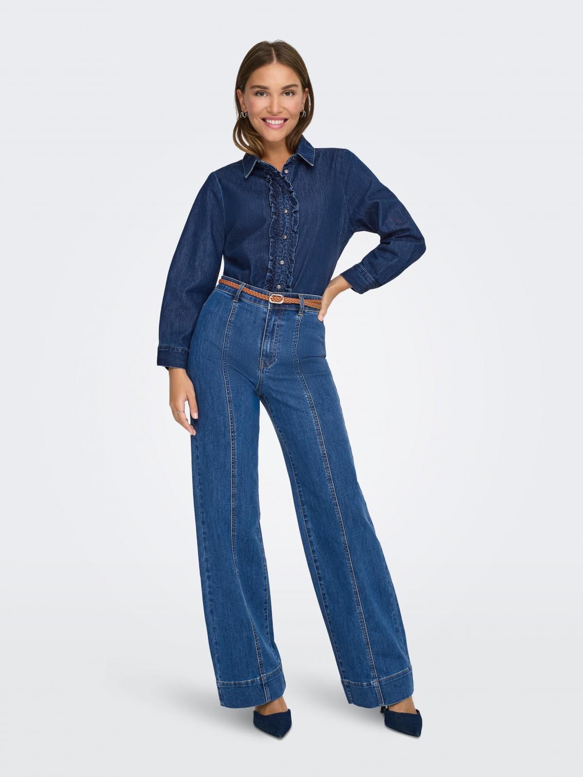 온리 프릴 테크니컬 데님 긴팔 셔츠 15360310_2114 BLUE / DARK BLUE DENIM - 상세 이미지 5