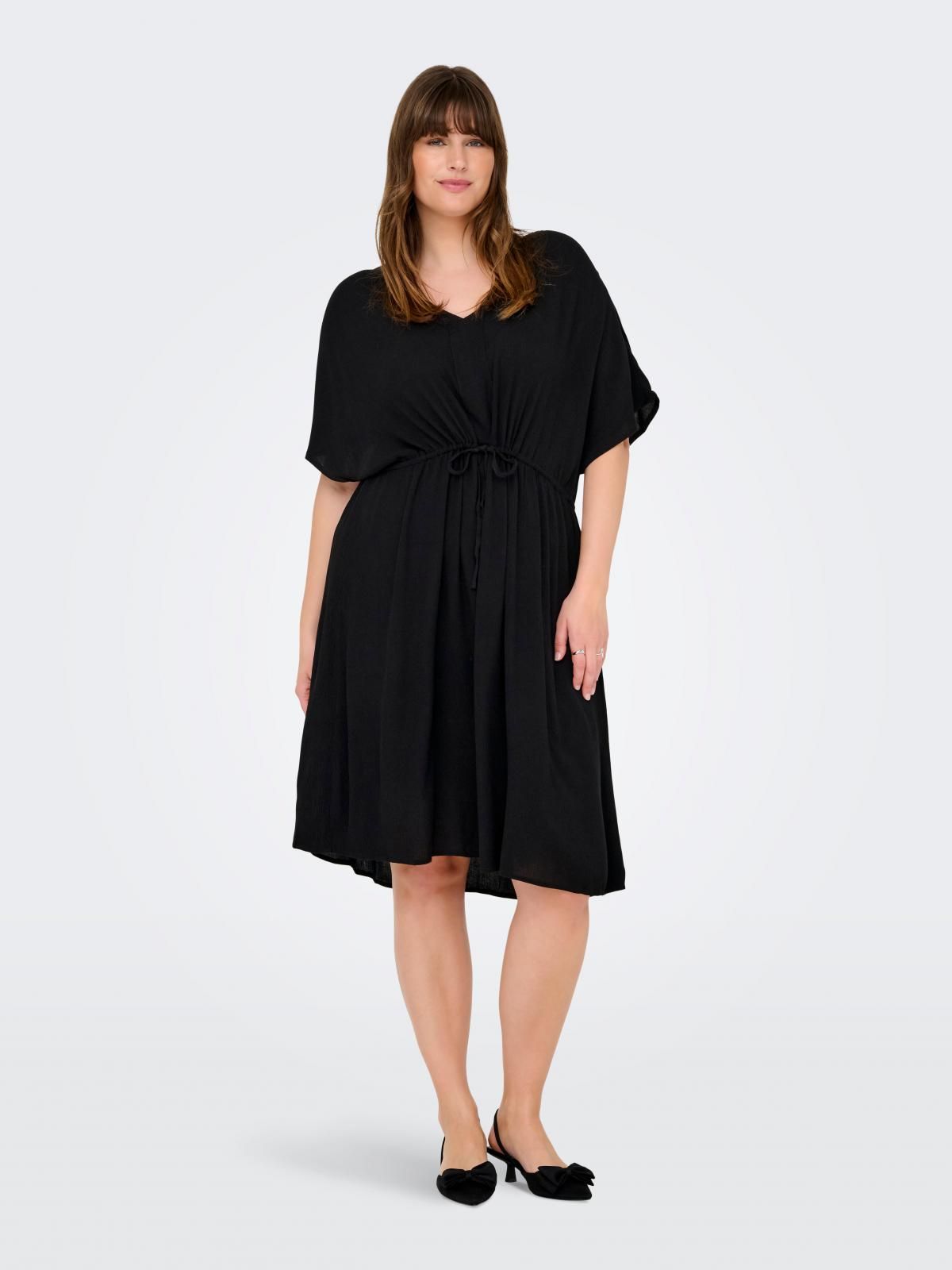온리 빅사이즈 브이넥 드로스트링 미니 원피스 15349312_2161 BLACK / BLACK - 상품 이미지