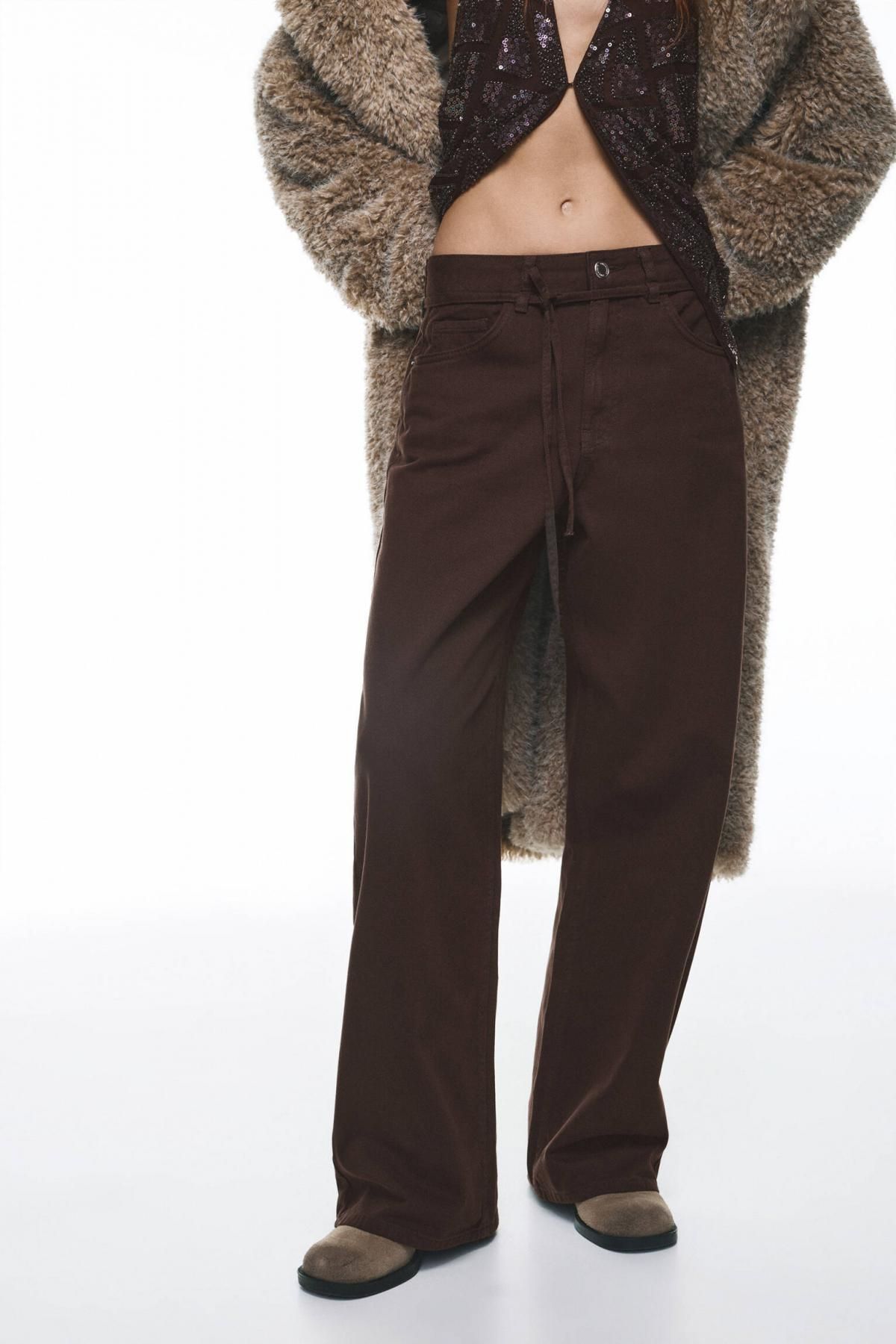 풀앤베어 드로스트링 와이드 배기 데님 팬츠 7687/329 BROWN - 상품 이미지