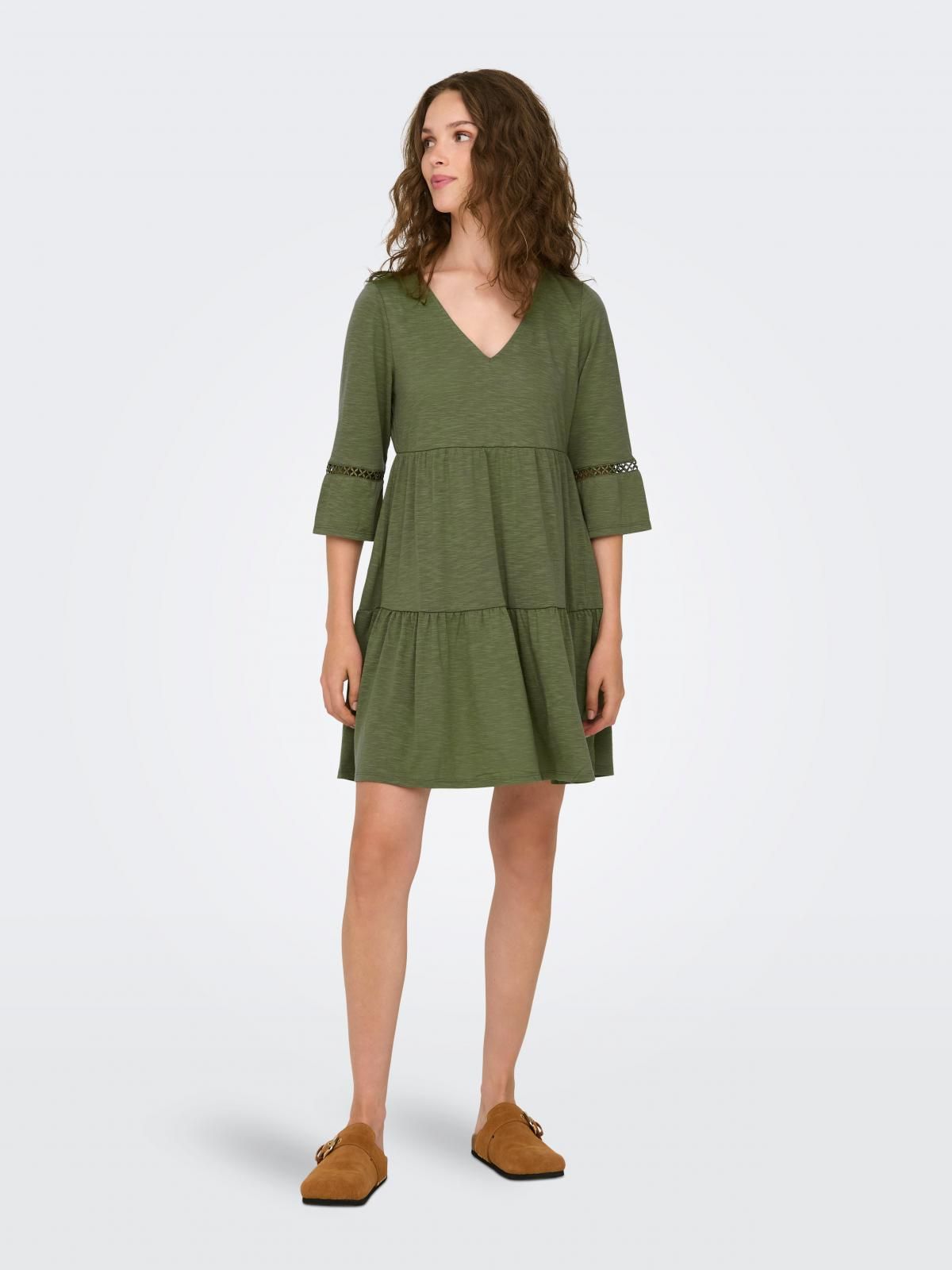 제이디와이 루즈핏 브이넥 레이스 미니 원피스 15286081_1899 BROWN / DUSKY GREEN - 상세 이미지 5
