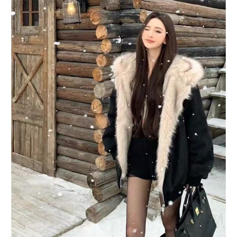 여성 루즈핏 후드 리버시블 양털 퍼자켓 숏패딩 점퍼 따뜻한 겨울 데일리 아우터 - 상세 이미지 2