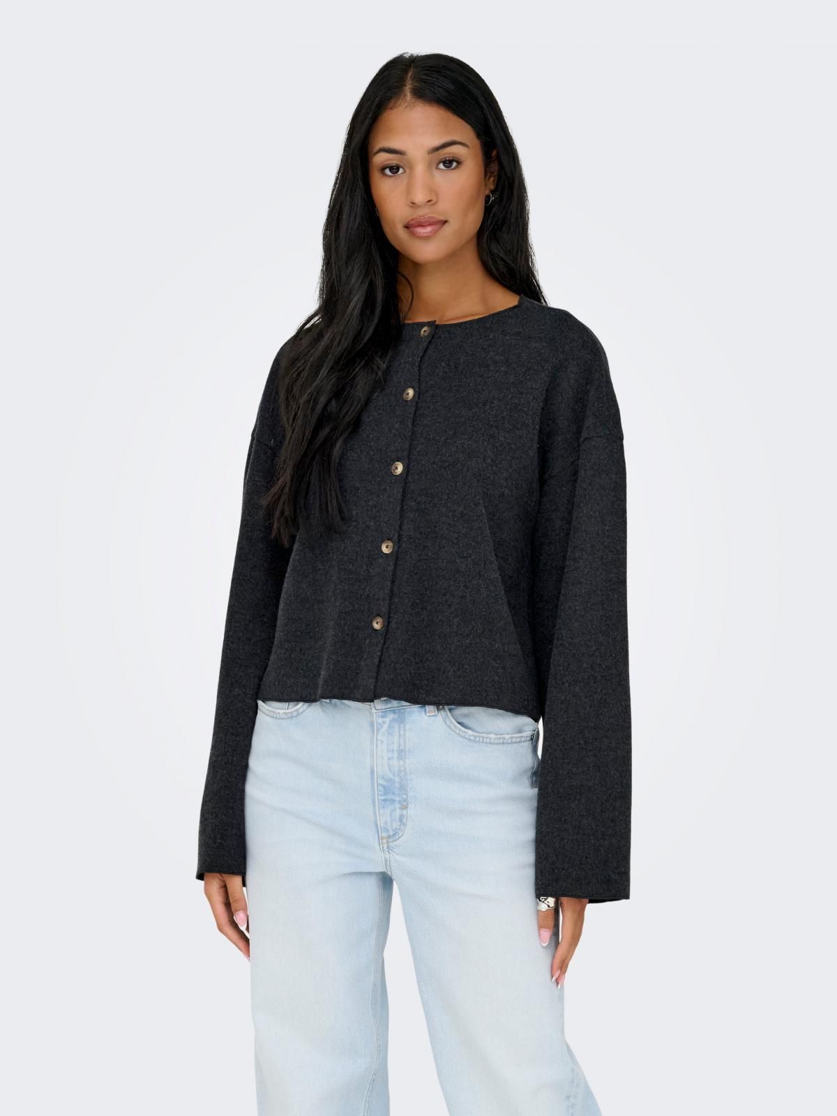 온리 베이직 라운드넥 버튼 가디건 15364998_2383 GREY / DARK GREY MELANGE - 상품 이미지
