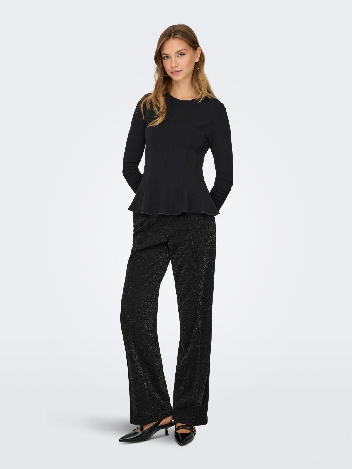 온리 페플럼 라운드넥 크롭 긴팔 블랙 탑 15363861_2161 BLACK / BLACK - 상세 이미지 5