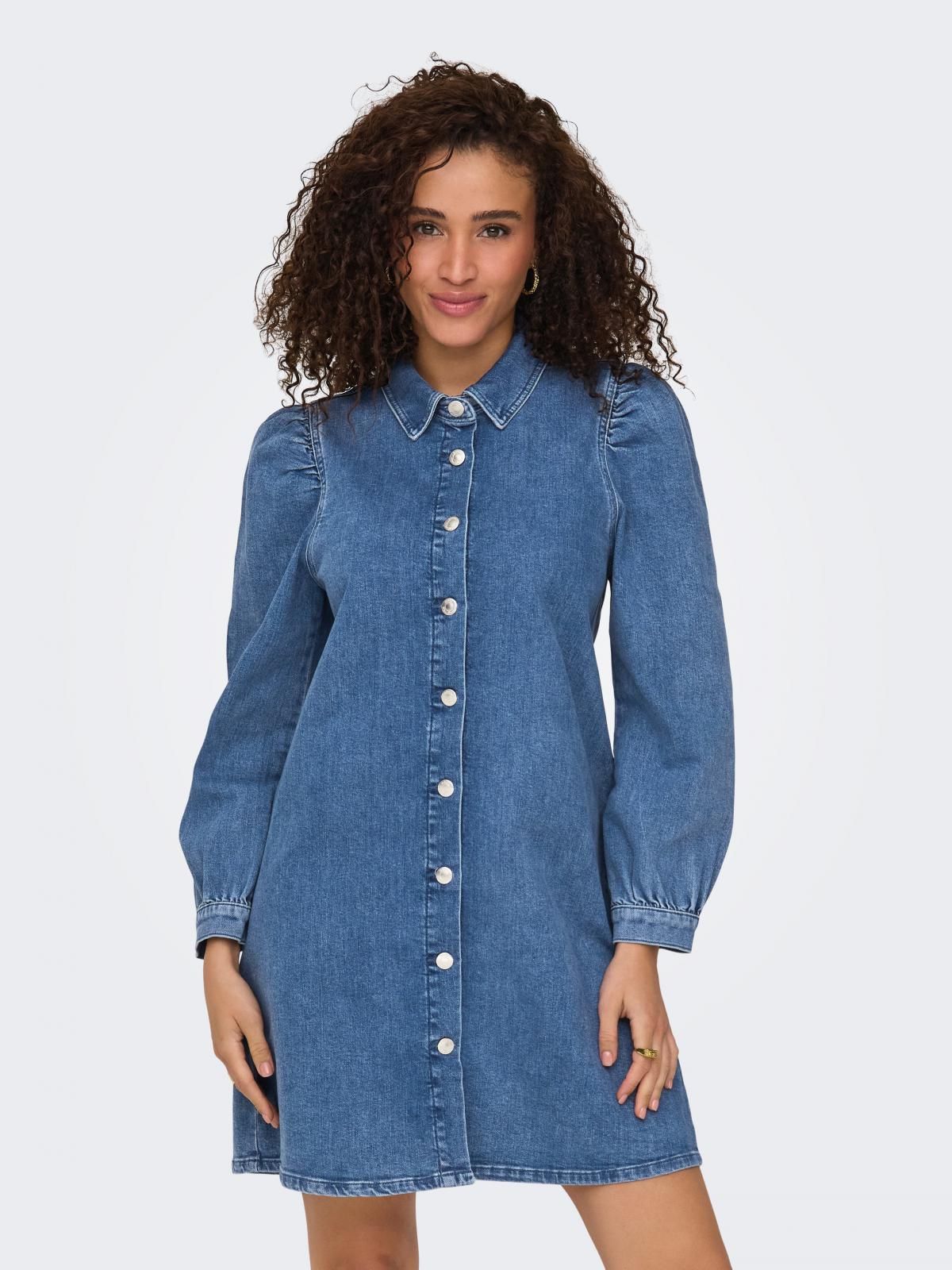 온리 퍼프 슬리브 데님 미니 셔츠 원피스 15345570_2115 BLUE / MEDIUM BLUE DENIM - 상품 이미지