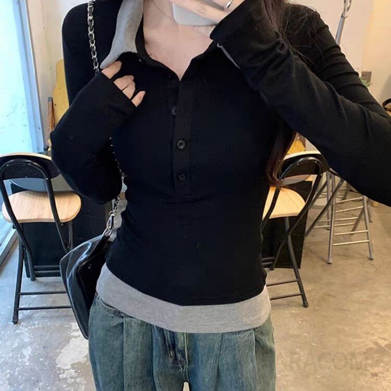 여성 배색 카라 슬림핏 긴팔 폴로티 데일리 캐주얼 오피스룩 출근룩 코디템 기본 가을 봄 - 상세 이미지 5