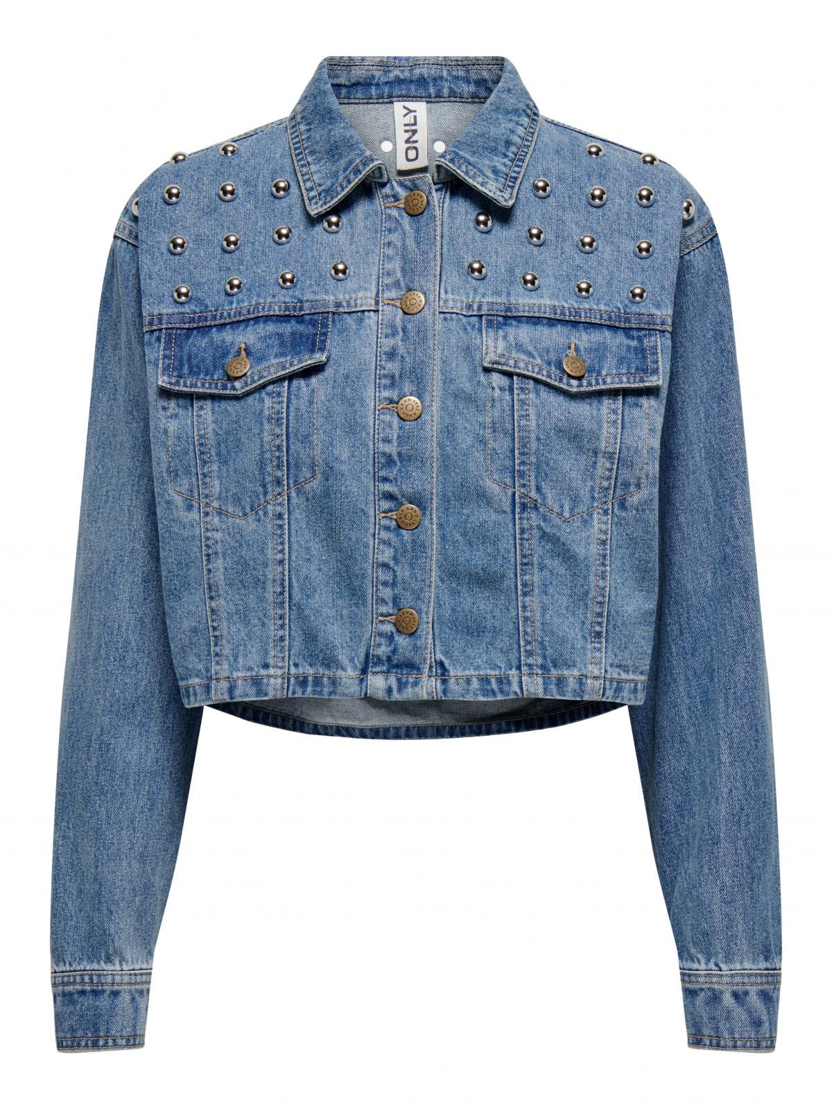 온리 트렌디 진주장식 크롭 데님 재킷 15318279_2115 BLUE / MEDIUM BLUE DENIM - 상세 이미지 3