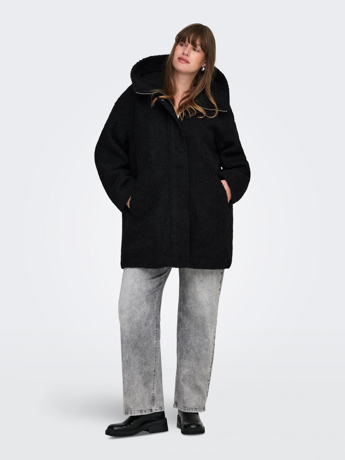 온리 빅사이즈 후드 롱 코트 15370185_2161 BLACK / BLACK - 상세 이미지 5