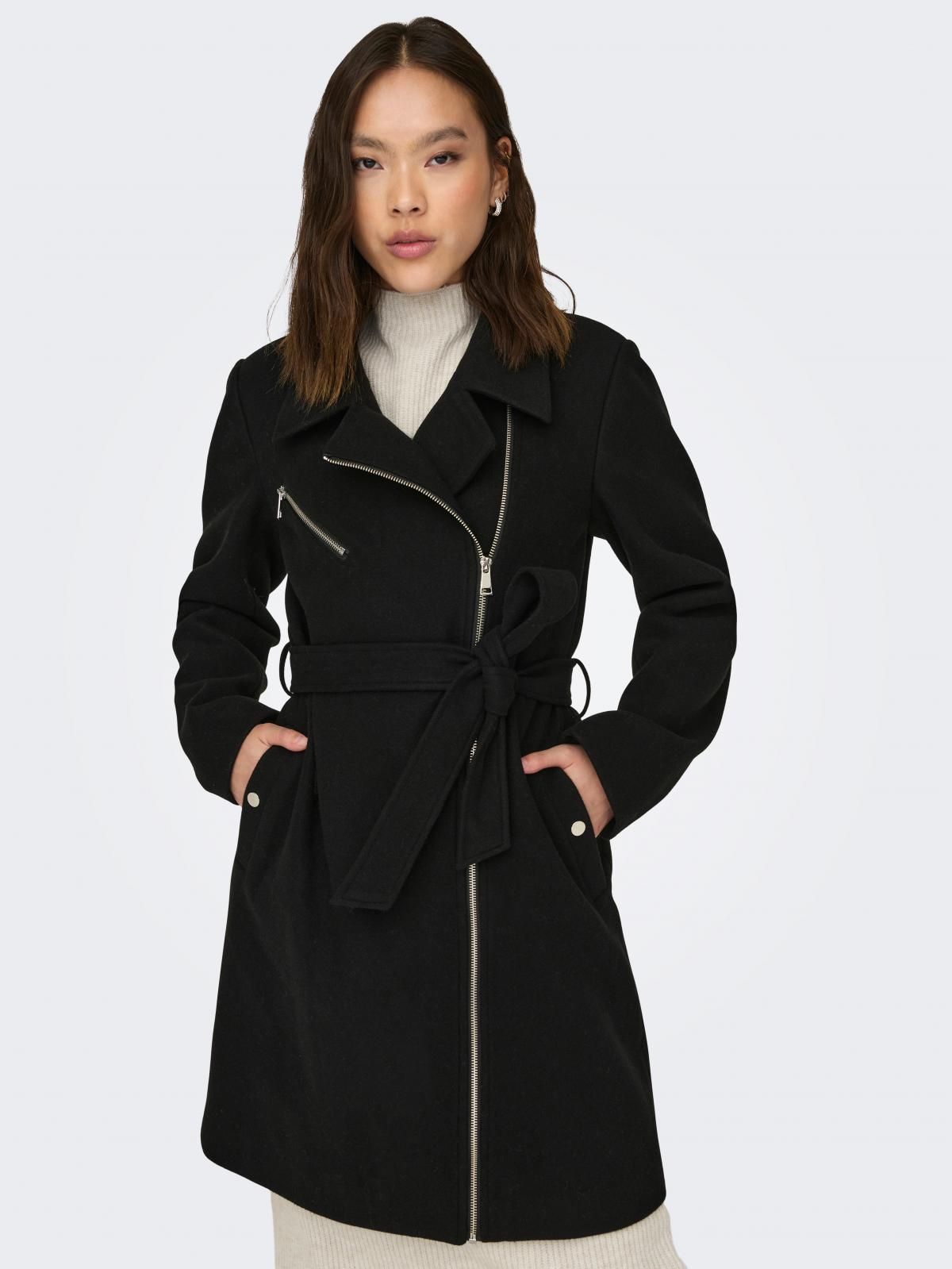 온리 테크니컬 바이커 카라 벨트 롱 코트 15315237_2161_1090027 BLACK / BLACK - 상품 이미지