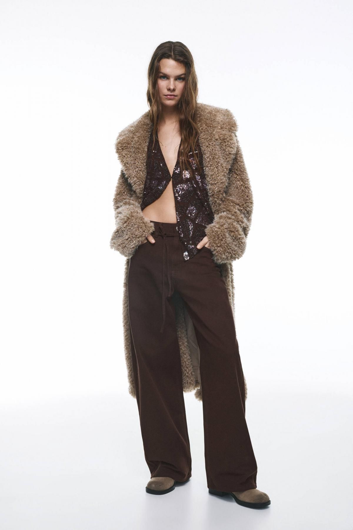 풀앤베어 드로스트링 와이드 배기 데님 팬츠 7687/329 BROWN - 상세 이미지 2