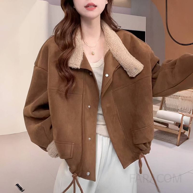 여성 덤블 퍼 카라 무스탕 스웨이드 항공 점퍼 루즈핏 도톰한 겨울 양털 안감 자켓 데일리 아우터 가을 - 상세 이미지 3