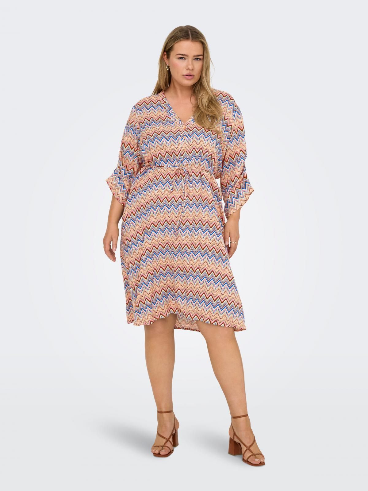 온리 빅사이즈 패턴 브이넥 미디 원피스 15346954_603_1181090 ORANGE / COPPER TAN - 상품 이미지