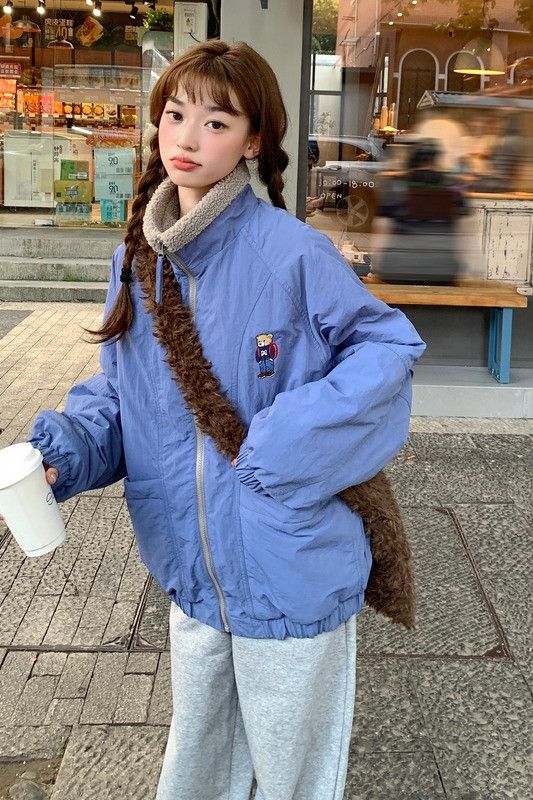 여성 루즈핏 오버핏 스탠드넥 지퍼 하이넥 패딩 점퍼 도톰한 겨울 캐주얼 아우터 - 상세 이미지 4