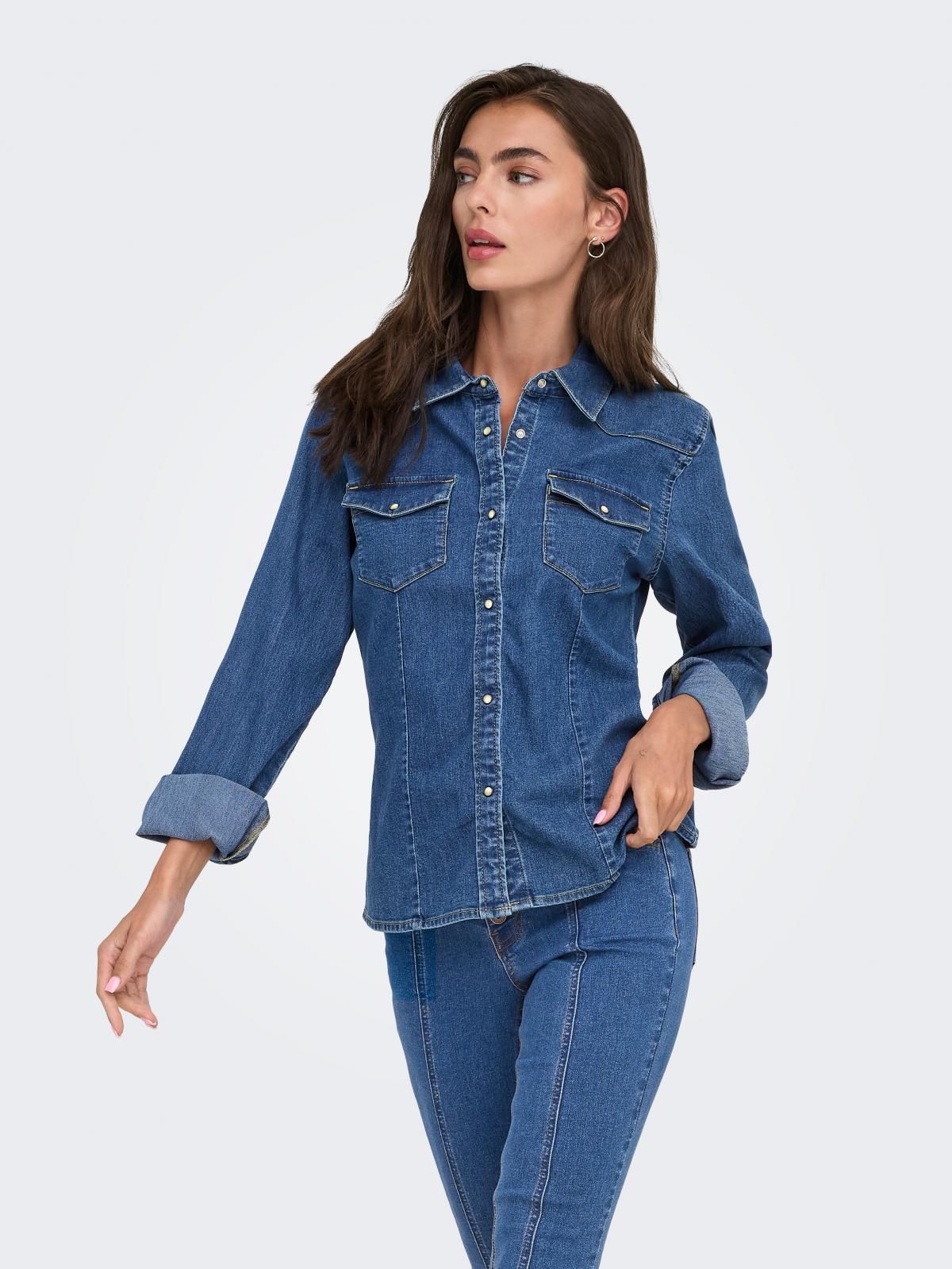 온리 테크니컬 데님 스티치 긴팔 셔츠 15352339_2114 BLUE / DARK BLUE DENIM - 상품 이미지