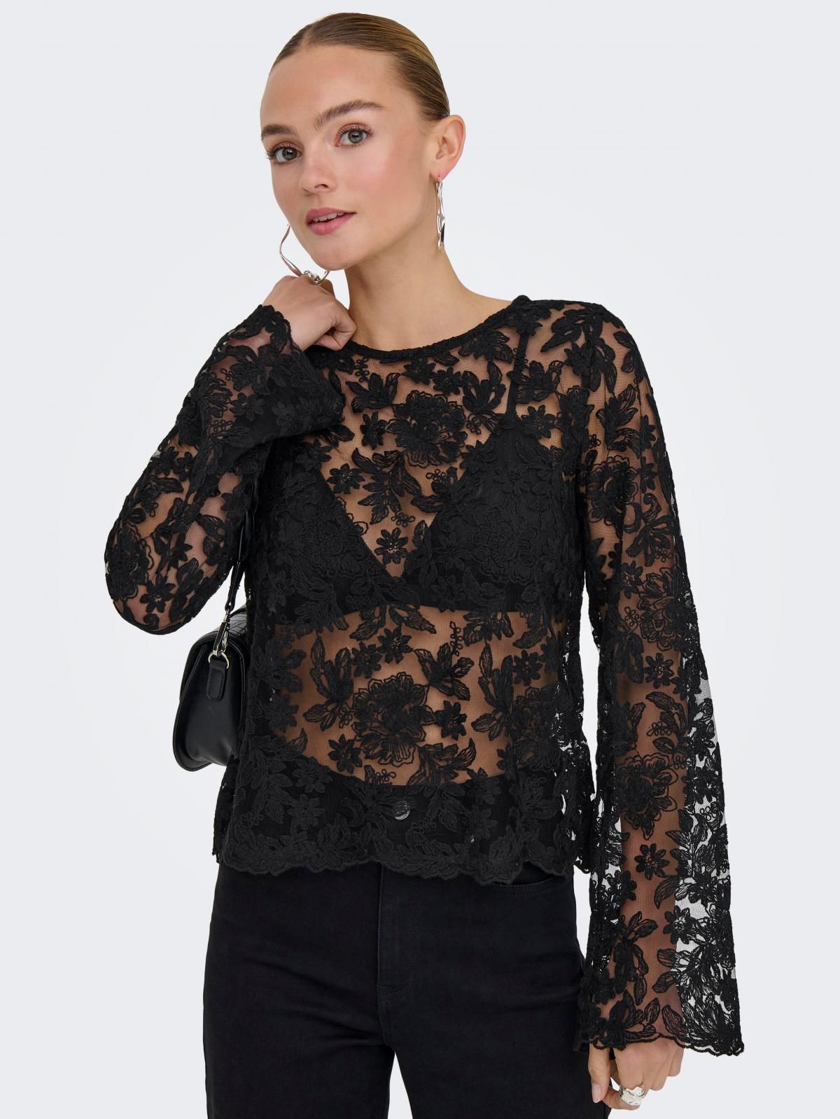 온리 레이스 시스루 블랙 퍼프소매 블라우스 15364735_2161 BLACK / BLACK - 상품 이미지