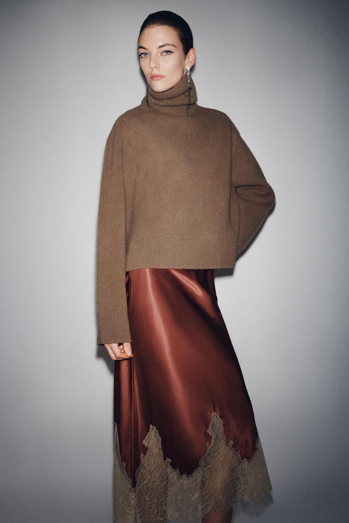자라 새틴 레이스 미디 스커트 5344/101 BURGUNDY - 상세 이미지 2