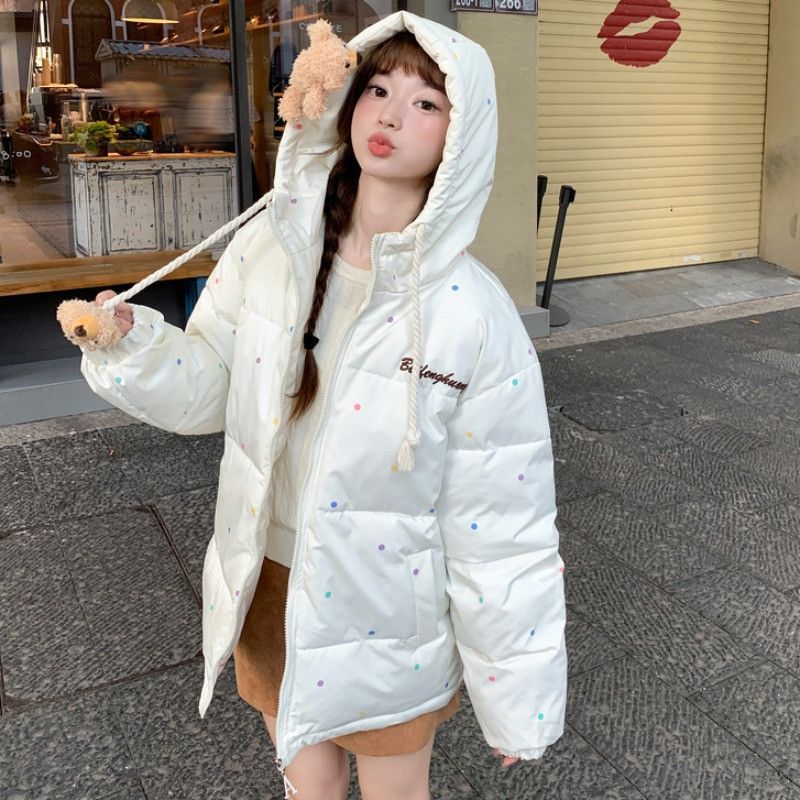 여성 루즈핏 오버핏 숏패딩 점퍼 도톰한 솜 충전재 곰돌이 후드집업 데일리 컬러 도트 따뜻한 겨울 자켓 - 상세 이미지 2