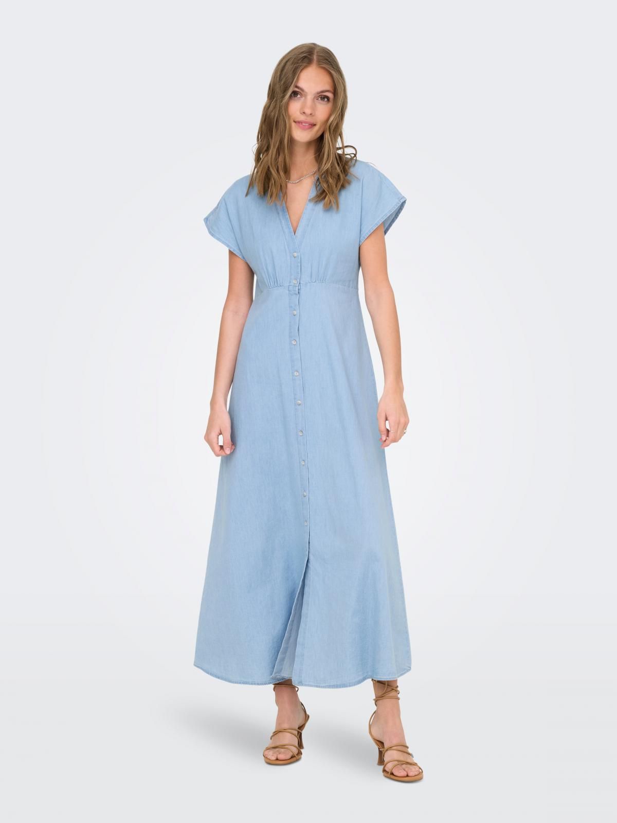 온리 썸머 브이넥 롱 원피스 버튼업 15358776_2116 BLUE / LIGHT BLUE DENIM - 상세 이미지 5