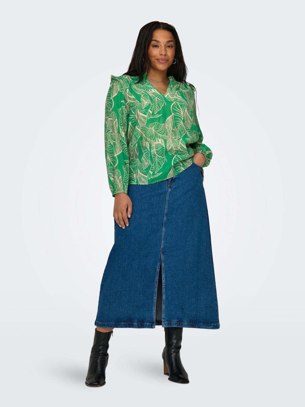 온리 빅사이즈 프릴 브이넥 패턴 블라우스 15315996_8603_1089779 TURQUOISE / GREEN BEE - 상세 이미지 5