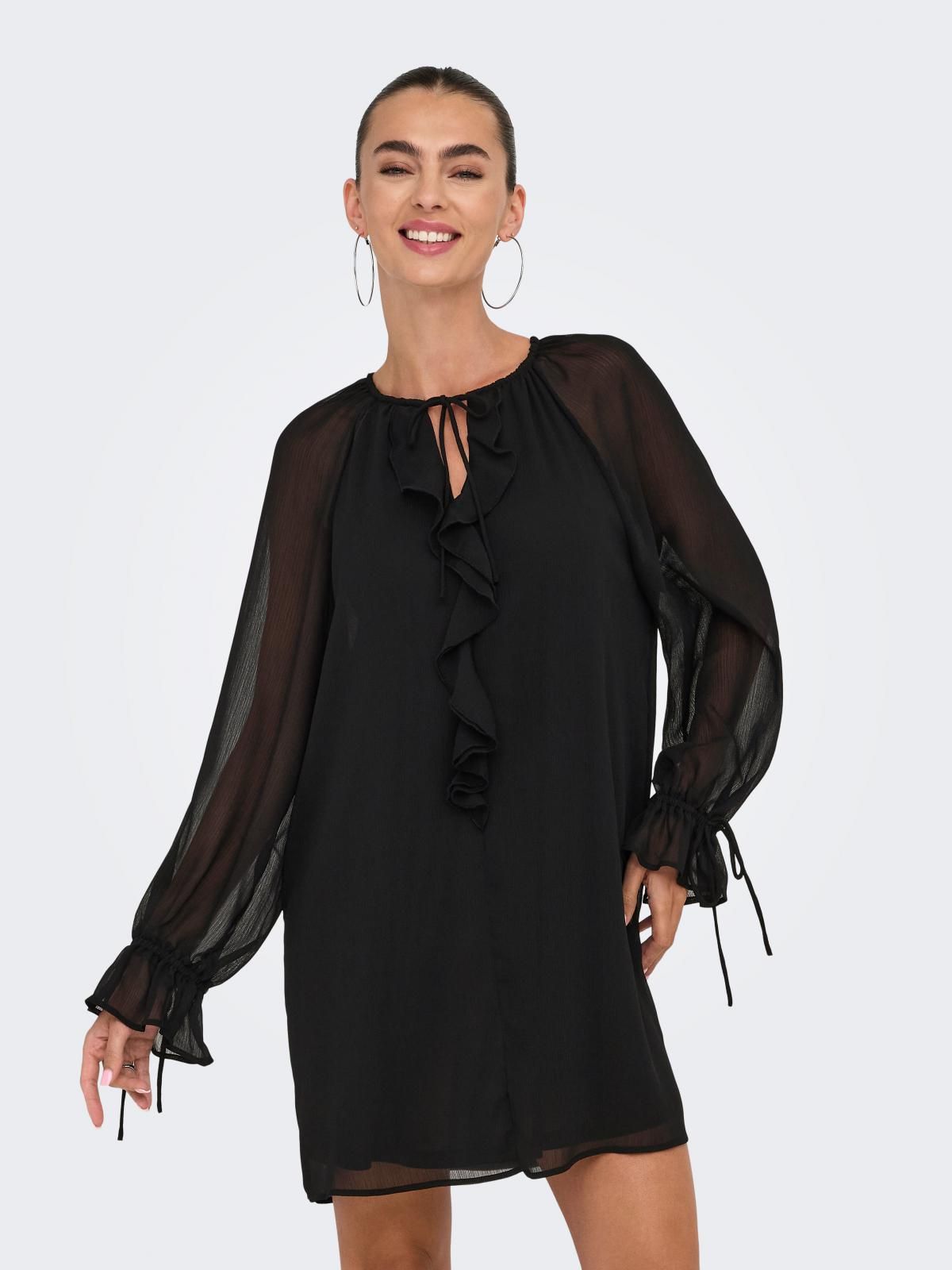 온리 시스루 프릴 브이넥 쉬폰 미니 원피스 15362412_2161 BLACK / BLACK - 상품 이미지