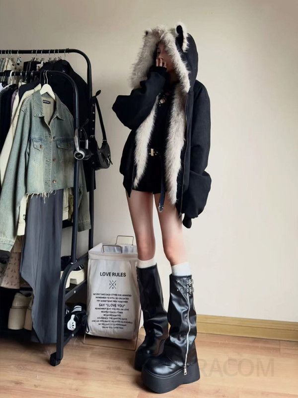 여성 겨울 루즈핏 동물귀 후드 패딩 재킷 따뜻한 데일리 아우터 캐주얼 집업 숏 코트 - 상세 이미지 5