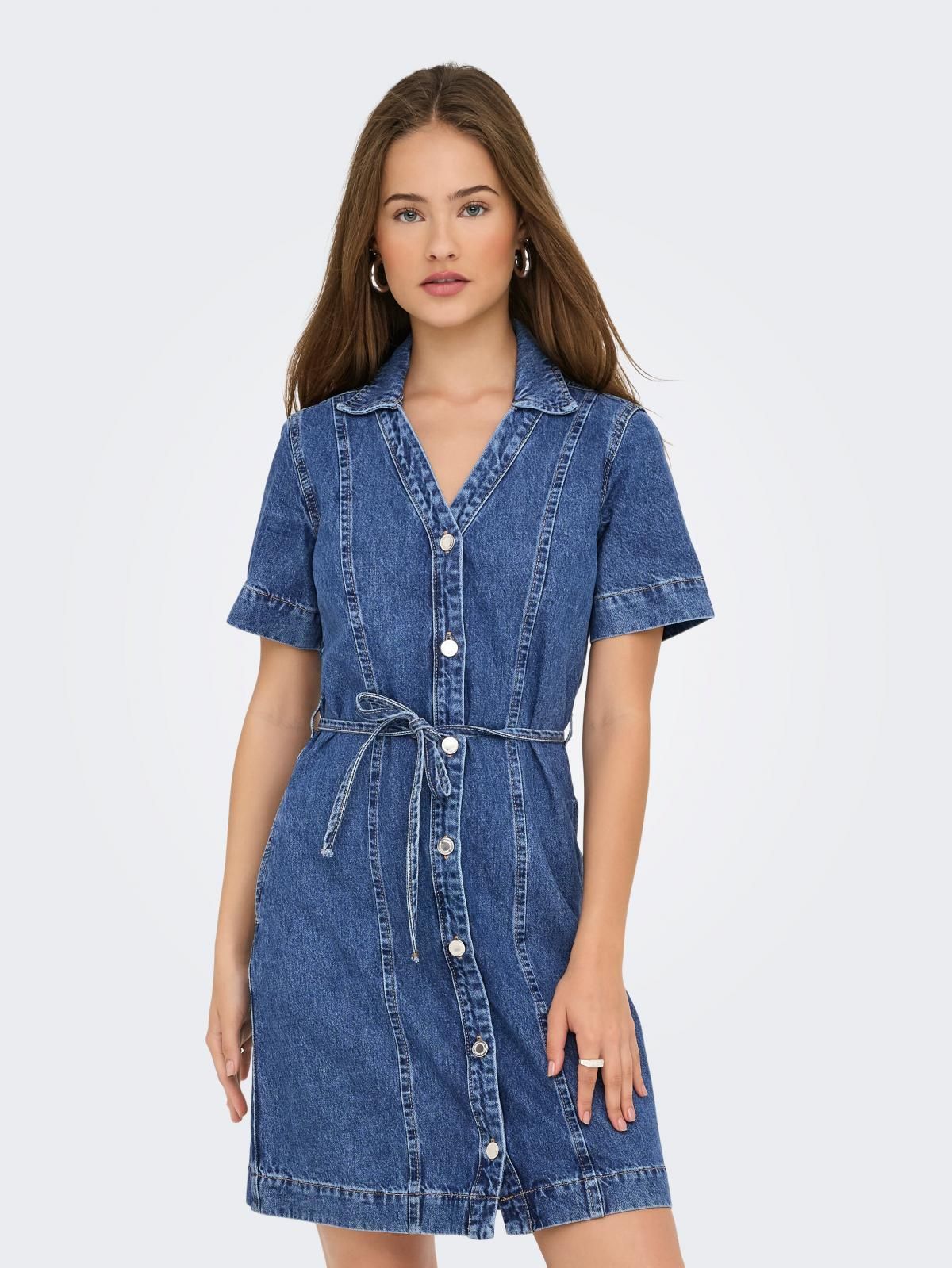 온리 데님 V넥 벨트 미니 원피스 15361517_2115 BLUE / MEDIUM BLUE DENIM - 상품 이미지