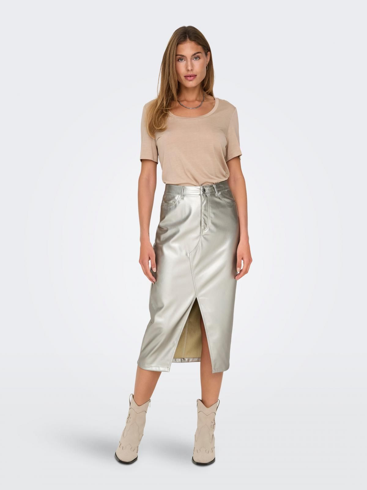 온리 실버 테크니컬 미디 레더 스커트 15328037_387 GREY / SILVER - 상세 이미지 5