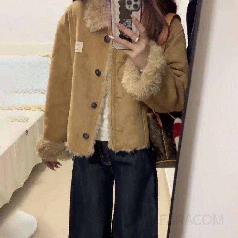 여성 겨울 퍼안감 스웨이드 숏 자켓 양털 무스탕 점퍼 데일리 아우터 캐주얼 루즈핏 코디 따뜻한 보온 - 상세 이미지 5