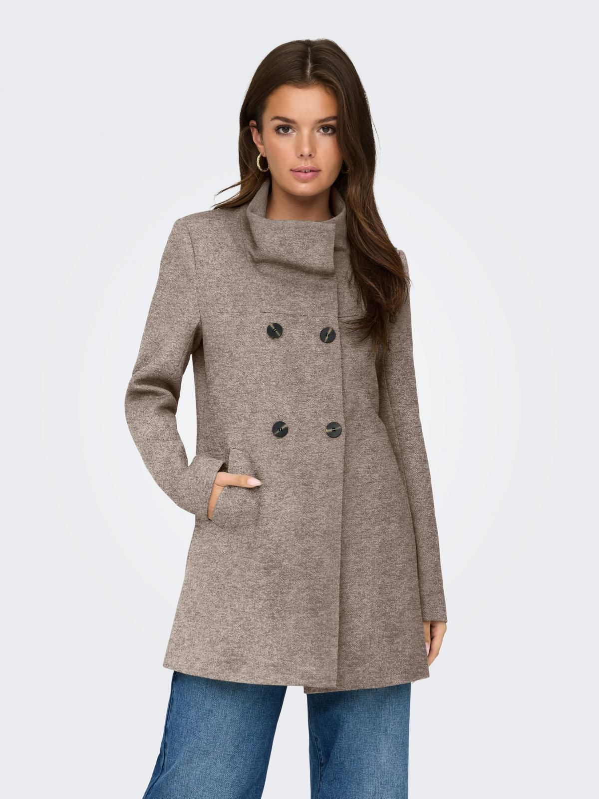 온리 더블버튼 하이넥 롱 코트 15321868_120_1106900 GREY / WALNUT - 상품 이미지