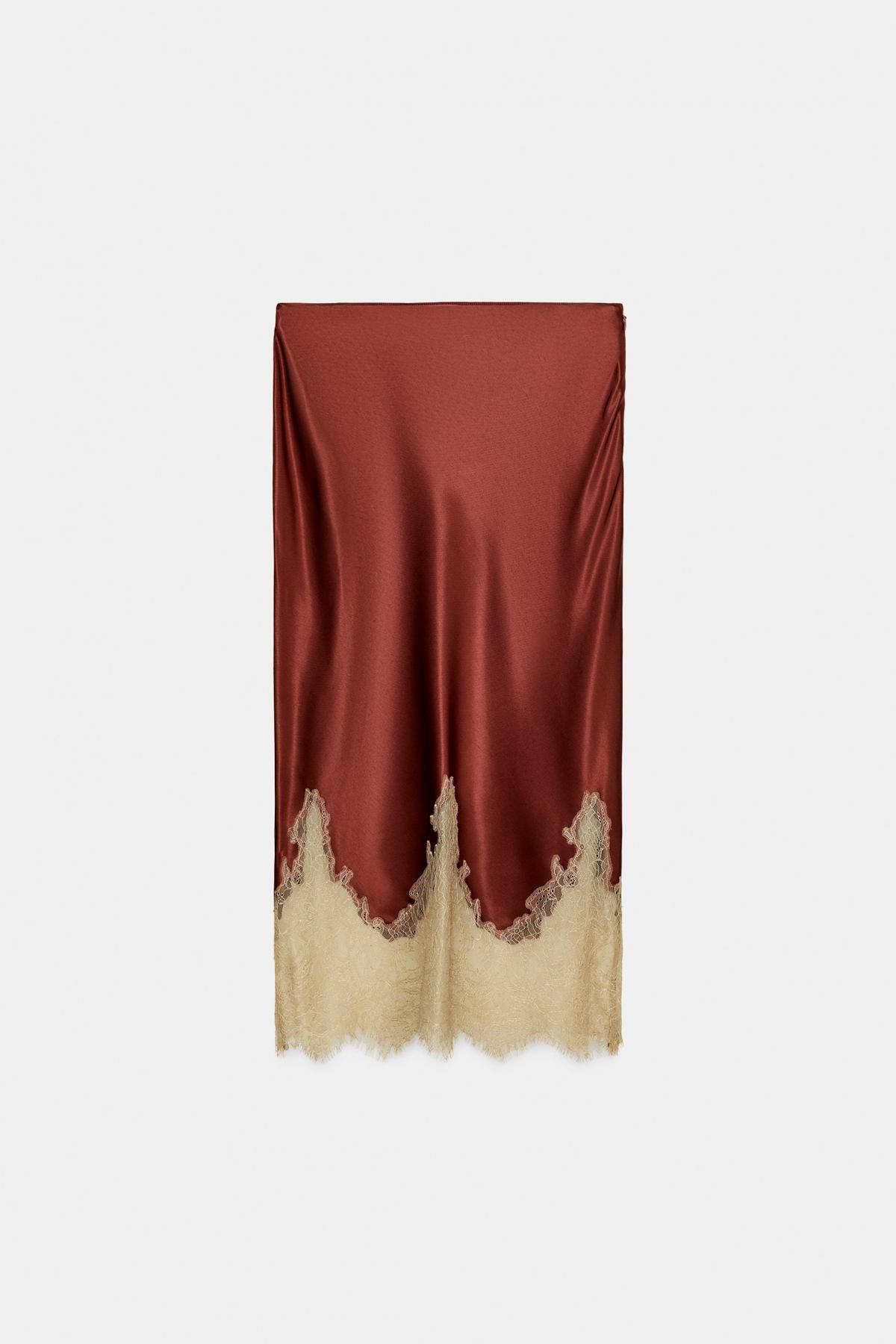자라 새틴 레이스 미디 스커트 5344/101 BURGUNDY - 상품 이미지