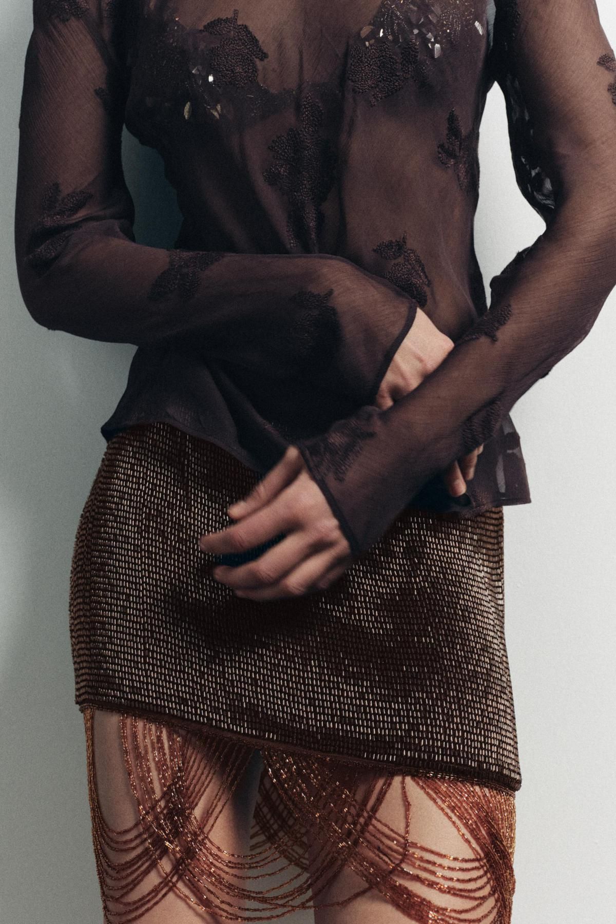 자라 트렌디 비즈 프린지 미니 스커트 1758/629 BROWN - 상세 이미지 5