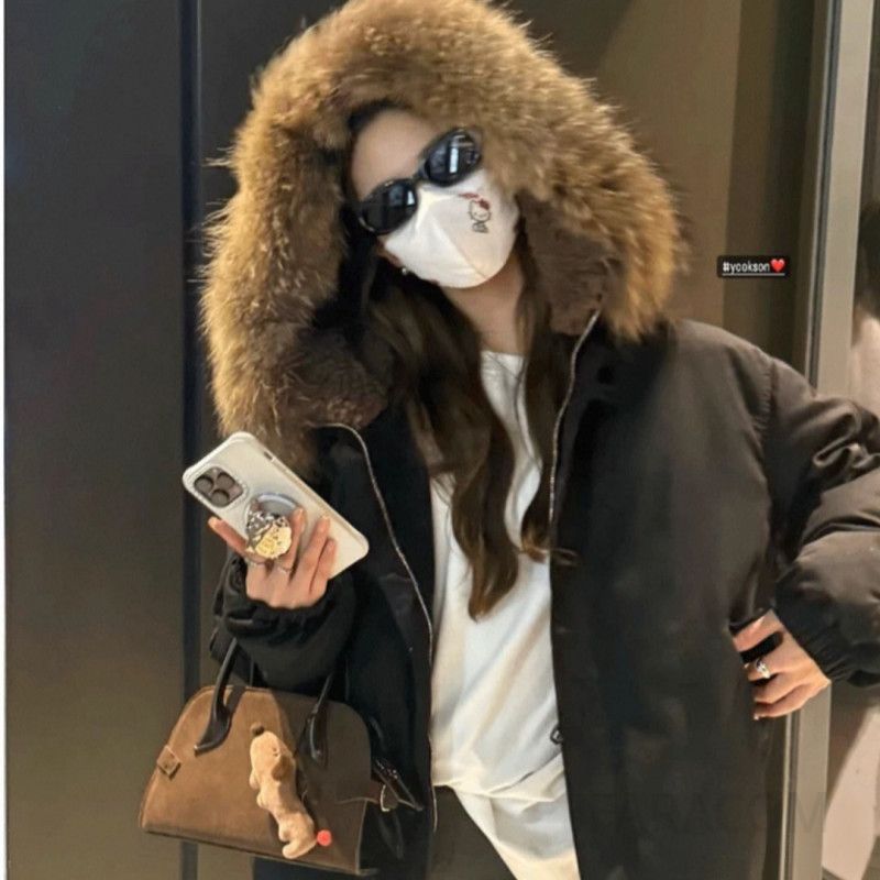 여성 겨울 루즈핏 오리털 후드 패딩 점퍼 숏 기장 항공 점퍼 캐주얼 데일리 아우터 따뜻한 보온 방한 코디 - 상세 이미지 4
