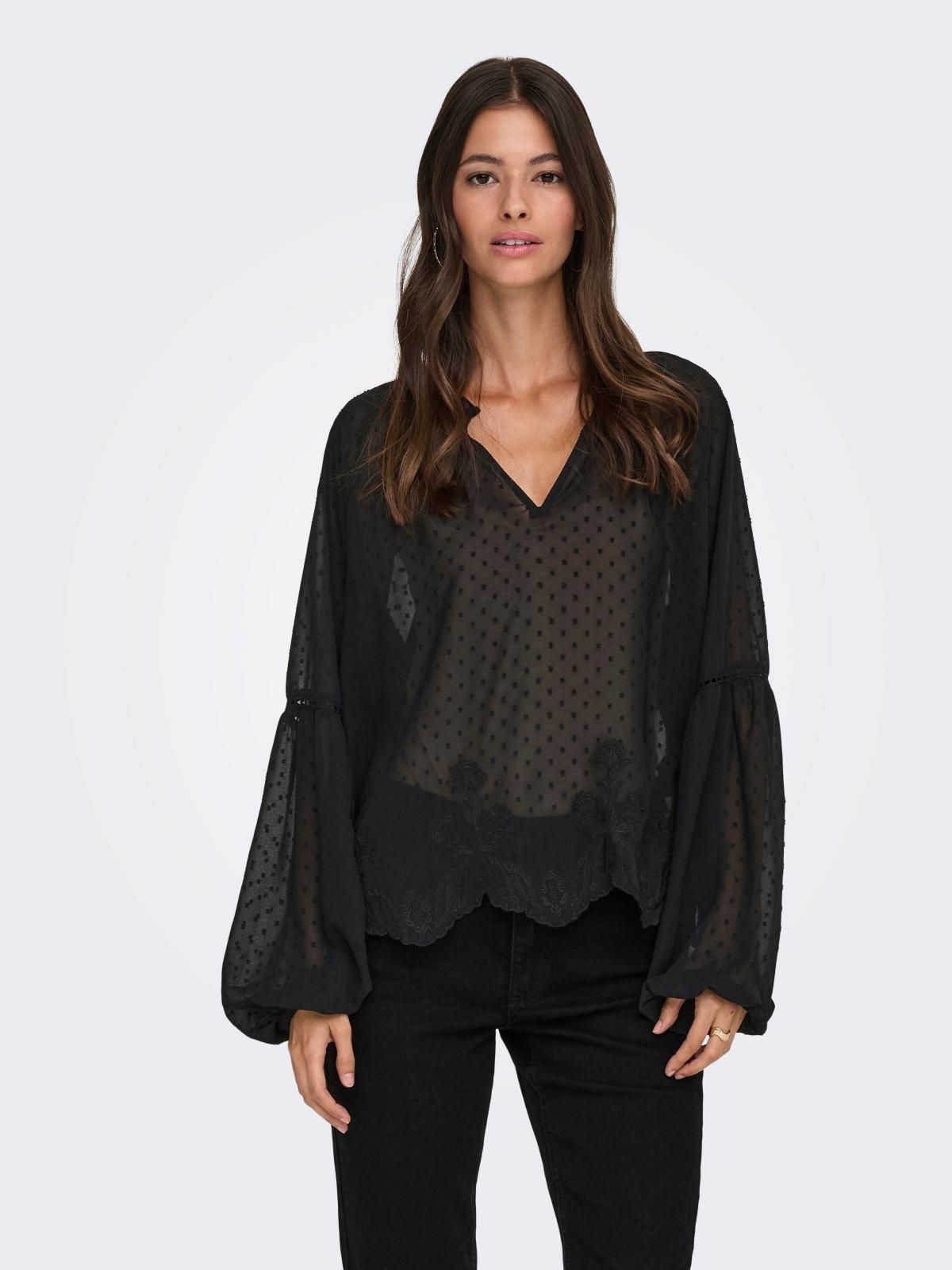 제이디와이 볼륨소매 브이넥 레이스 블라우스 15376271_2161 BLACK / BLACK - 상품 이미지