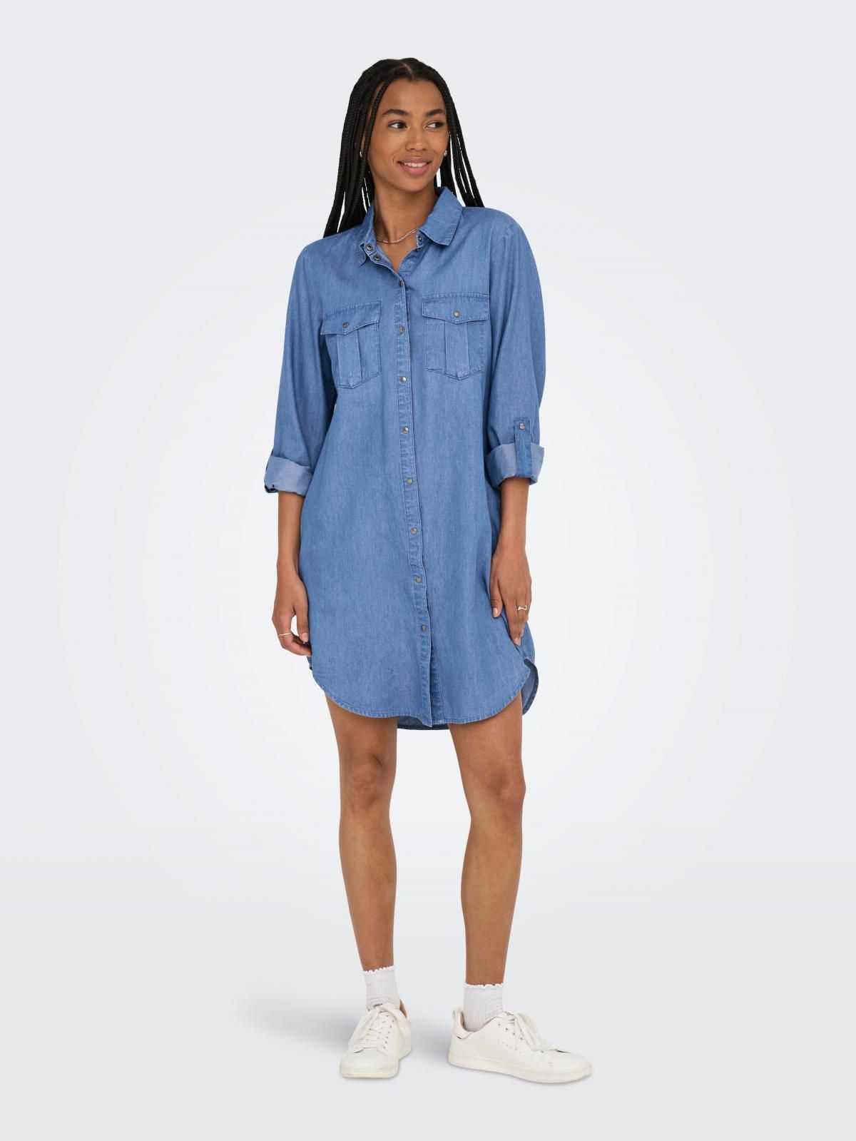 온리 데님 셔츠 미니 원피스 캐주얼 15357595_2115 BLUE / MEDIUM BLUE DENIM - 상세 이미지 5
