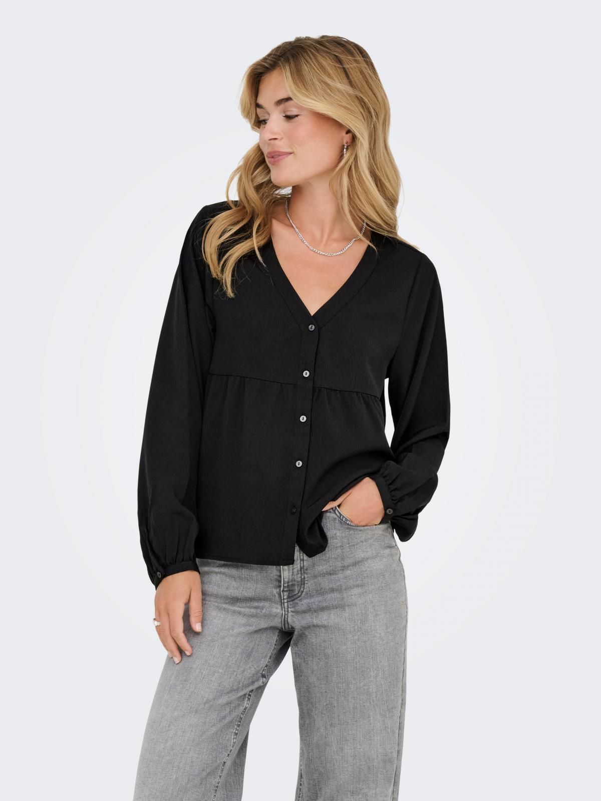 온리 브이넥 버튼 벌룬 슬리브 블라우스 15357424_2161 BLACK / BLACK - 상품 이미지