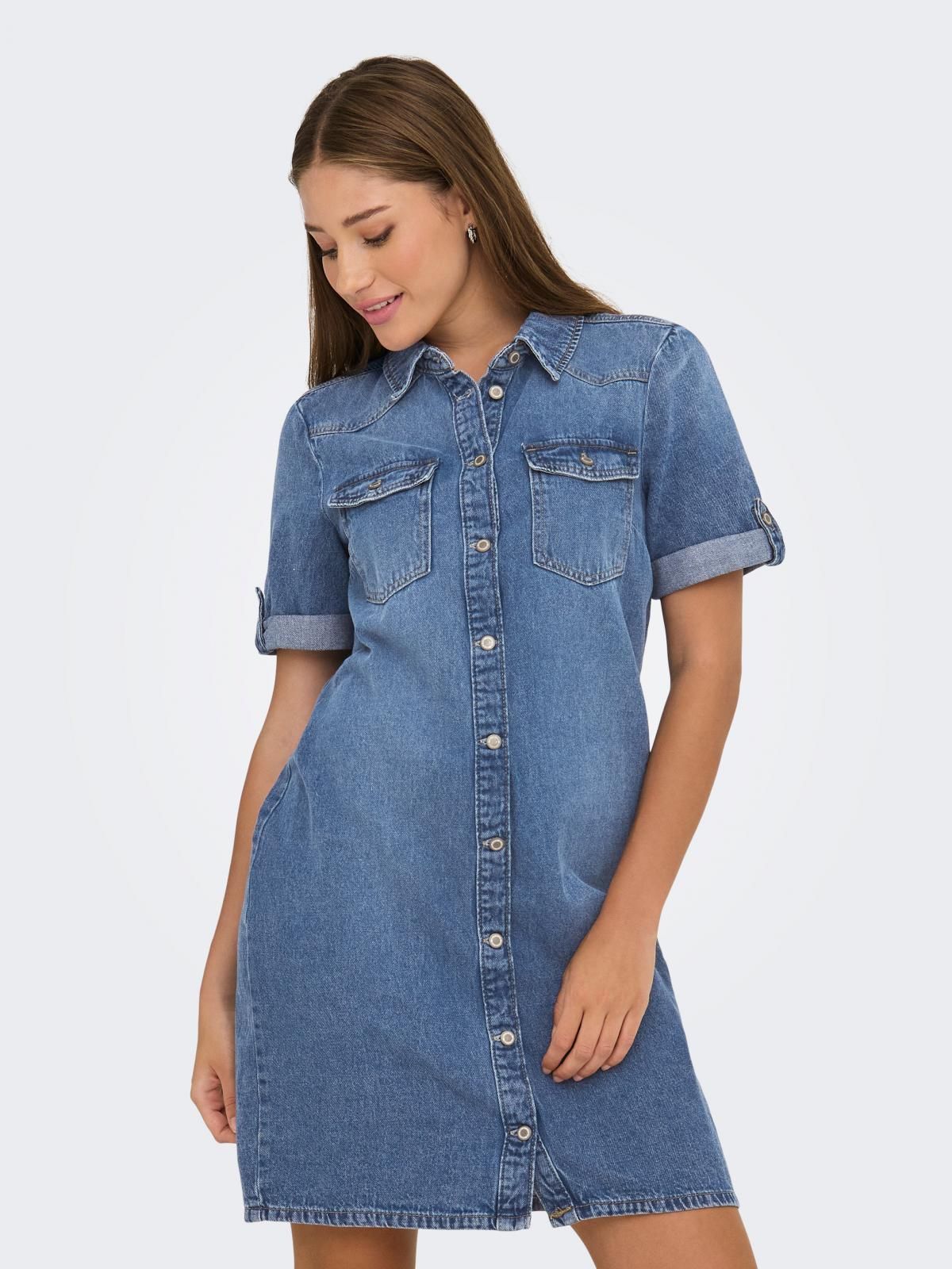 온리 데님 셔츠카라 미니 원피스 15353176_2115 BLUE / MEDIUM BLUE DENIM - 상품 이미지